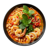 AI generated Exotic seafood noodle soup with shrimp, spices, and fresh herbs on transparent background - stock png. png