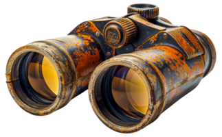 AI generated Vintage weathered binoculars with leather detailing on transparent background - stock png. png