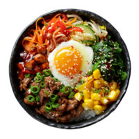 AI generated Colorful Korean bibimbap with beef, assorted vegetables, and fried egg on transparent background - stock png. png