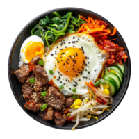 AI generated Colorful Korean bibimbap with beef, assorted vegetables, and fried egg on transparent background - stock png. png