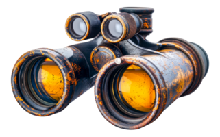 AI generated Vintage weathered binoculars with leather detailing on transparent background - stock png. png