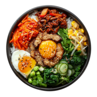 ai gegenereerd kleurrijk Koreaans Bibimbap met rundvlees, geassorteerd groenten, en gebakken ei Aan transparant achtergrond - voorraad png. png