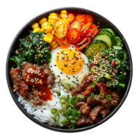 AI generated Colorful Korean bibimbap with beef, assorted vegetables, and fried egg on transparent background - stock png. png