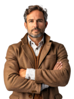 AI generated Mature businessman with crossed arms in brown coat on transparent background - stock png. png