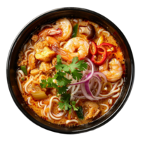 AI generated Exotic seafood noodle soup with shrimp, spices, and fresh herbs on transparent background - stock png. png