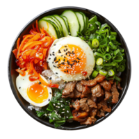 AI generated Colorful Korean bibimbap with beef, assorted vegetables, and fried egg on transparent background - stock png. png