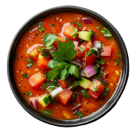 ai generato speziato pomodoro verdura la minestra Gazpacho con fresco erbe aromatiche e Pepe stagionatura su trasparente sfondo - azione png. png