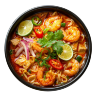 AI generated Exotic seafood noodle soup with shrimp, spices, and fresh herbs on transparent background - stock png. png