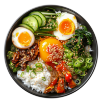 AI generated Colorful Korean bibimbap with beef, assorted vegetables, and fried egg on transparent background - stock png. png