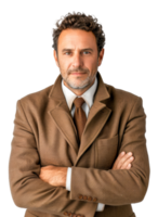 AI generated Mature businessman with crossed arms in brown coat on transparent background - stock png. png