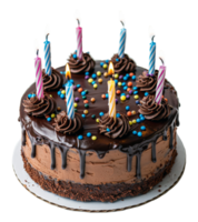 AI generated Birthday cake with chocolate icing and colorful decorations on transparent background - stock png. png