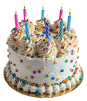 AI generated Birthday cake with colorful frosting and candles on transparent background - stock png. png