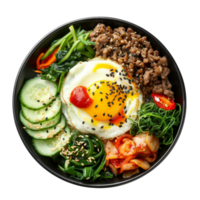 AI generated Colorful Korean bibimbap with beef, assorted vegetables, and fried egg on transparent background - stock png. png