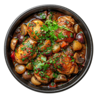 AI generated Rustic chicken thigh stew with potatoes and mushrooms in savory sauce on transparent background - stock png. png