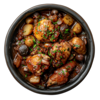 AI generated Rustic chicken thigh stew with potatoes and mushrooms in savory sauce on transparent background - stock png. png