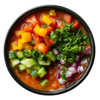 AI generated Spicy tomato vegetable soup gazpacho with fresh herbs and pepper seasoning on transparent background - stock png. png