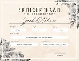 Beige Minimalist Floral Birth Certificate template