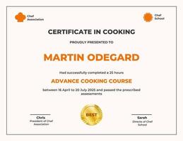 Cooking Course Minimalist Certificate template