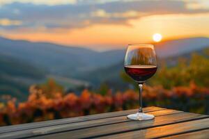 AI generated Wine and Wine glass on wooden table with beautiful farm View background photo