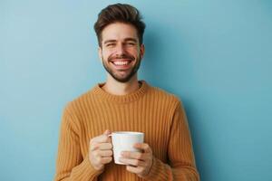 AI generated man smiling holding cup mug of coffee standing isolated on blue background studio Business showing banner click on link photo