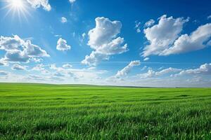 AI generated green field and sky Lush green grass meadow background at Sky Stunning landscape copy for space photo