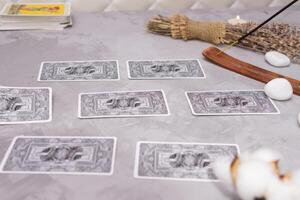 TVER, RUSSIA - FEBRUARY 18, 2024. Tarot cards, Tarot card divination, fortune telling. Occultism, esoteric education. photo