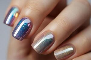 AI generated Close-up view of holographic manicure with sparkling gradient colors. photo