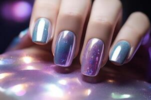 AI generated Close-up view of holographic manicure with sparkling gradient colors. photo