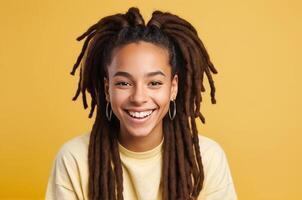 AI generated Portrait of a happy and fashionable young woman with dreadlocks on a yellow background, generation Z. photo
