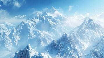 AI generated epic mountain scene with white snow covered peaks and clear winter sky photo