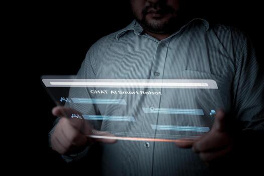 Man chatting with an intelligent artificial intelligence asks for the answers he wants. Digital chatbot. photo
