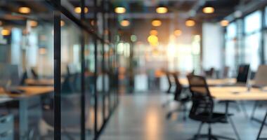 AI generated Abstract blurred background of modern office with glass walls shows desks and chairs with computer photo