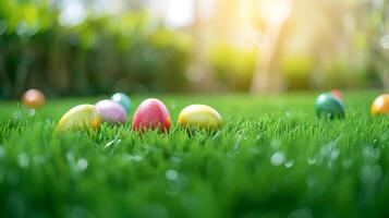 AI generated Top view spring background with green grass and painted easter eggs, copy space for design photo