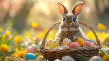 ai generado un linda Conejo ocultación en el césped con un Pascua de Resurrección decorado huevos en un floreciente primavera prado. ai generativo. foto