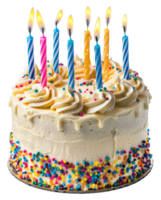 AI generated Birthday cake with colorful frosting and candles on transparent background - stock png. png