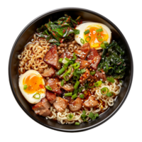 AI generated Hearty beef noodle soup Ramen with soft-boiled eggs and scallions on transparent background - stock png. png