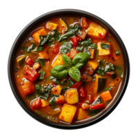 AI generated Hearty vegetable broth soup minestrone with a medley of garden vegetables on transparent background - stock png. png