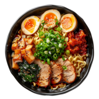 AI generated Hearty beef noodle soup Ramen with soft-boiled eggs and scallions on transparent background - stock png. png