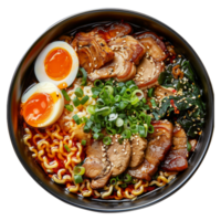 AI generated Hearty beef noodle soup Ramen with soft-boiled eggs and scallions on transparent background - stock png. png