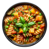 AI generated Hearty vegetable broth soup minestrone with a medley of garden vegetables on transparent background - stock png. png