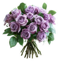 AI generated Fresh purple and pink roses bouquet with natural leaves on transparent background - stock png. png