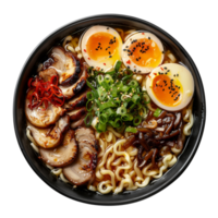 AI generated Hearty beef noodle soup Ramen with soft-boiled eggs and scallions on transparent background - stock png. png