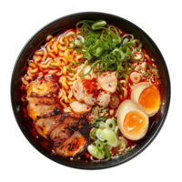 AI generated Hearty beef noodle soup Ramen with soft-boiled eggs and scallions on transparent background - stock png. png