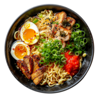 AI generated Hearty beef noodle soup Ramen with soft-boiled eggs and scallions on transparent background - stock png. png