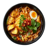 AI generated Spicy tofu noodle soup with egg, fresh vegetables, and herbs on transparent background - stock png. png