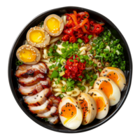 AI generated Hearty beef noodle soup Ramen with soft-boiled eggs and scallions on transparent background - stock png. png