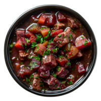 AI generated Vibrant beetroot soup with fresh dill and chopped vegetables on transparent background - stock png. png