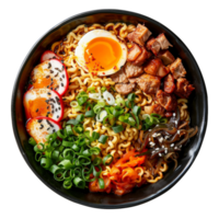 AI generated Hearty beef noodle soup Ramen with soft-boiled eggs and scallions on transparent background - stock png. png