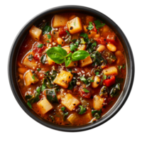 AI generated Hearty vegetable broth soup minestrone with a medley of garden vegetables on transparent background - stock png. png