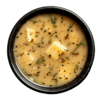 AI generated Simple clear broth with fresh herbs and black sesame seeds on transparent background - stock png. png